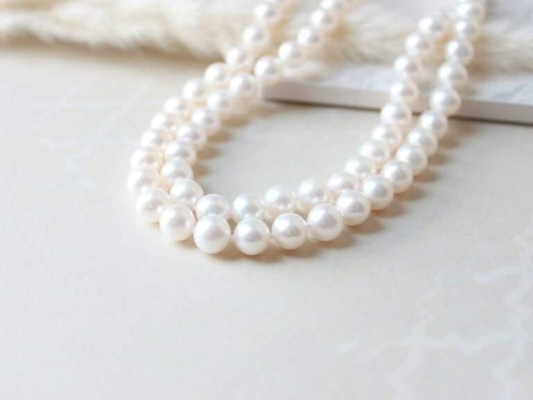 Strands of white pearls on an ivory background